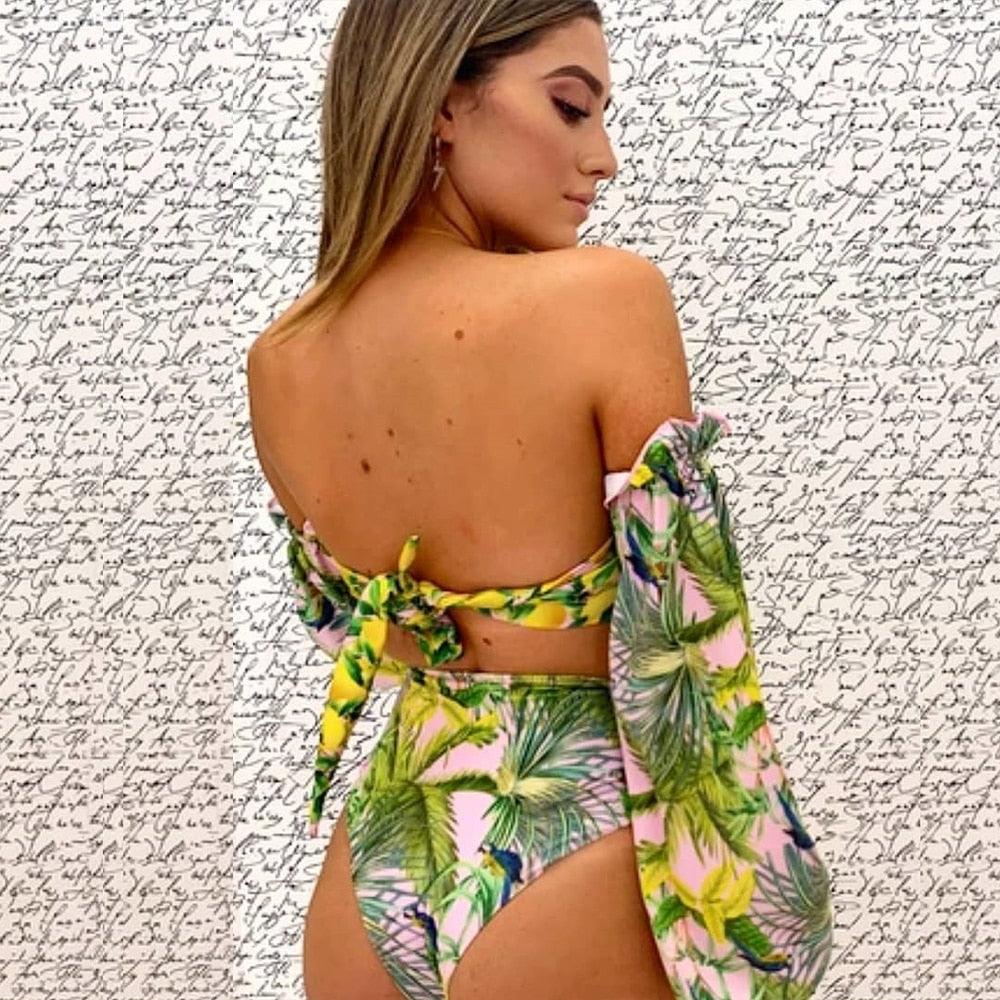 Long Sleeve Bikini Women's Two Piece Swimsuit Bikini  Bathing Suit Print Swimsuit High Waist Swimwear Women Bikinis Mesh Sleeves Swim Suit Plus Size Bathing Suit Sun Protection Bathing Suit