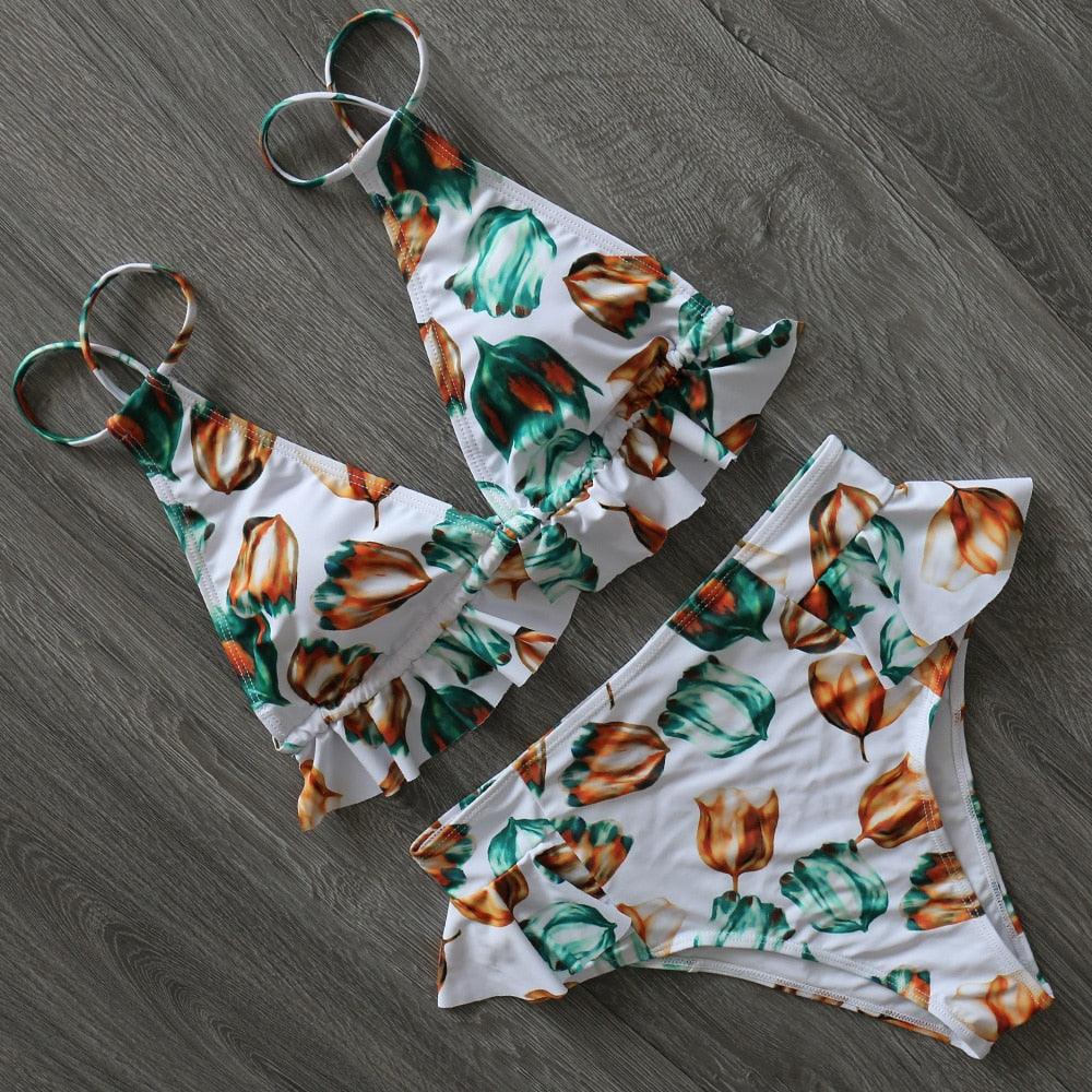 Women Summer High Waist Ruffle Bikini Set Swimwear Women Lady Floral Female Push Up Swimsuit Summer Beach Wear Bikini Pure Color Bikini Charming Ruffled Bra And Bottom Swimsuits