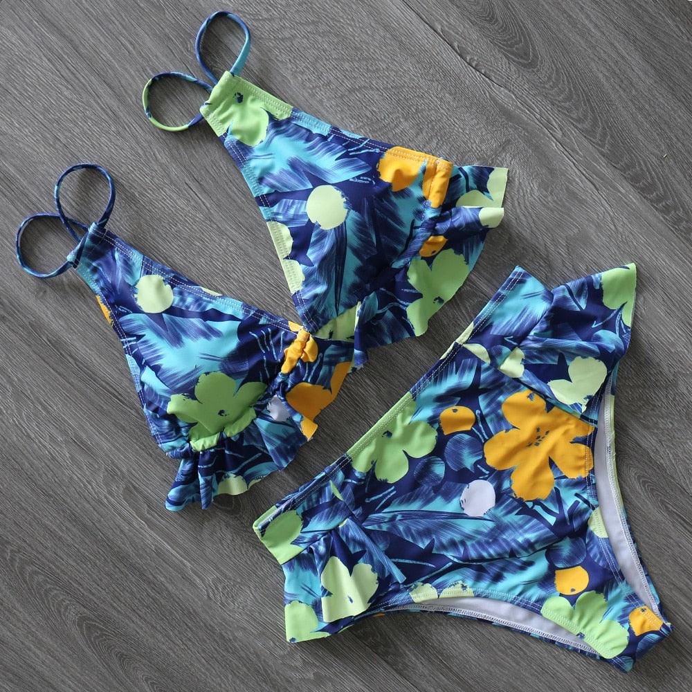 Women Summer High Waist Ruffle Bikini Set Swimwear Women Lady Floral Female Push Up Swimsuit Summer Beach Wear Bikini Pure Color Bikini Charming Ruffled Bra And Bottom Swimsuits