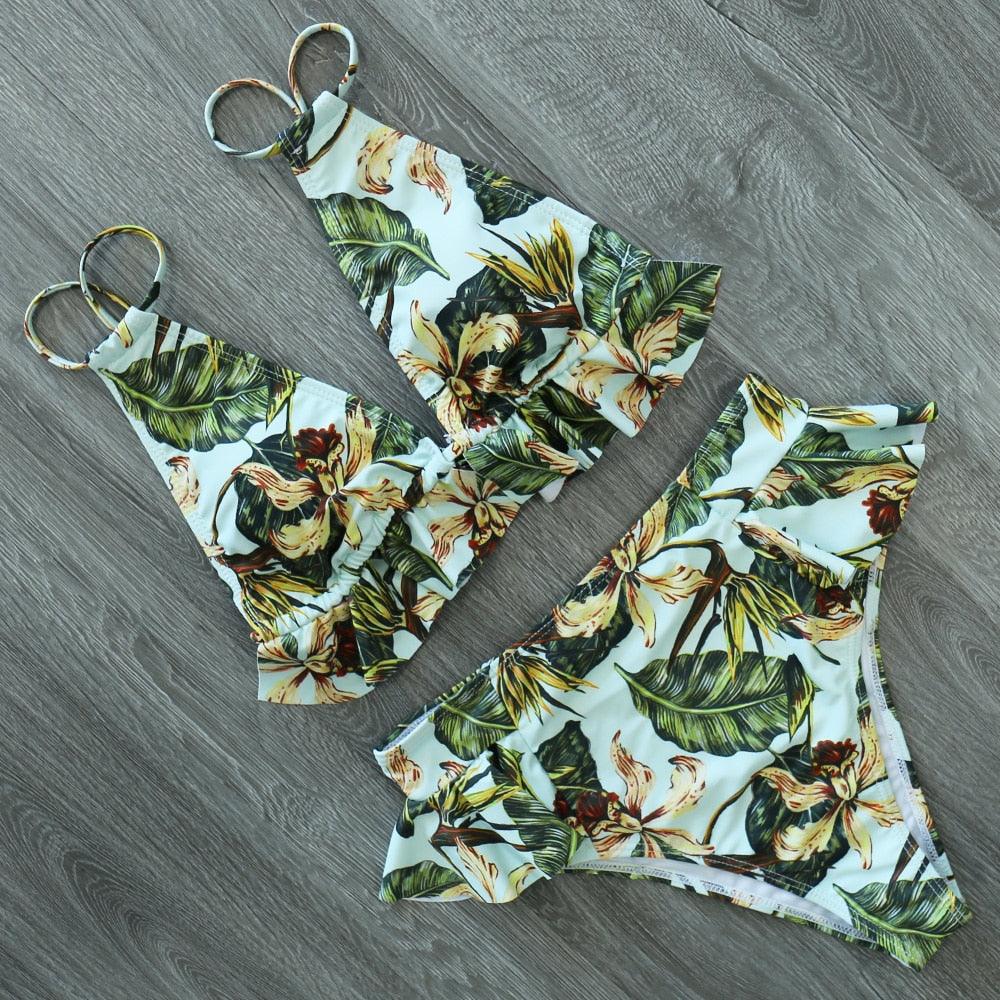 Women Summer High Waist Ruffle Bikini Set Swimwear Women Lady Floral Female Push Up Swimsuit Summer Beach Wear Bikini Pure Color Bikini Charming Ruffled Bra And Bottom Swimsuits