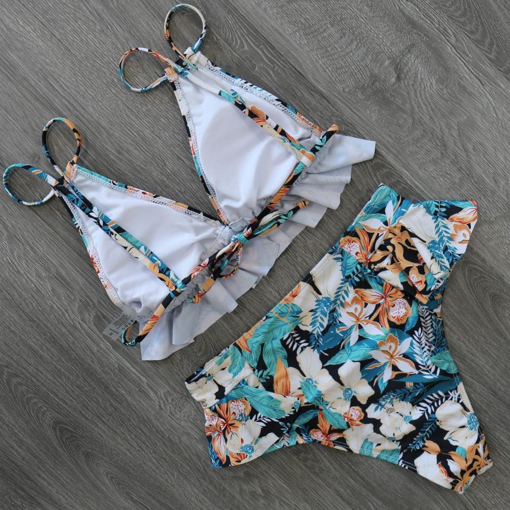 Women Summer High Waist Ruffle Bikini Set Swimwear Women Lady Floral Female Push Up Swimsuit Summer Beach Wear Bikini Pure Color Bikini Charming Ruffled Bra And Bottom Swimsuits