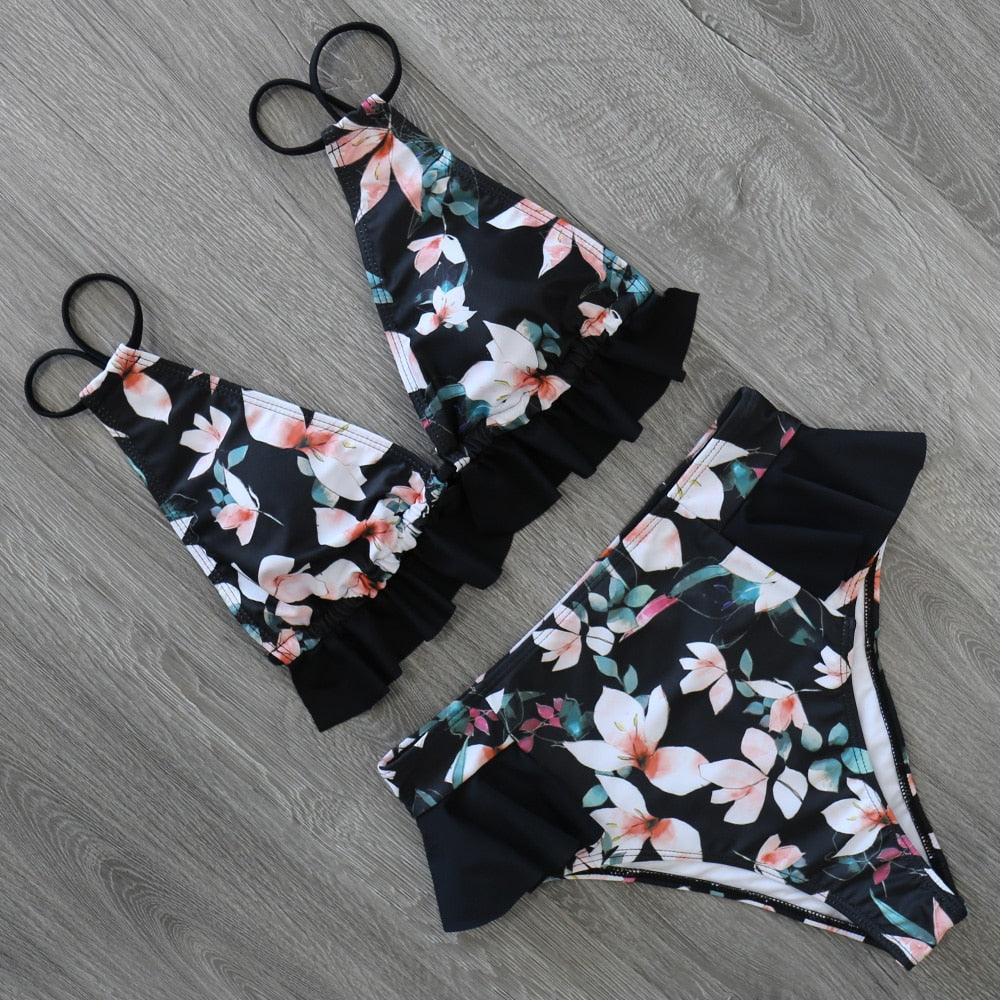 Women Summer High Waist Ruffle Bikini Set Swimwear Women Lady Floral Female Push Up Swimsuit Summer Beach Wear Bikini Pure Color Bikini Charming Ruffled Bra And Bottom Swimsuits