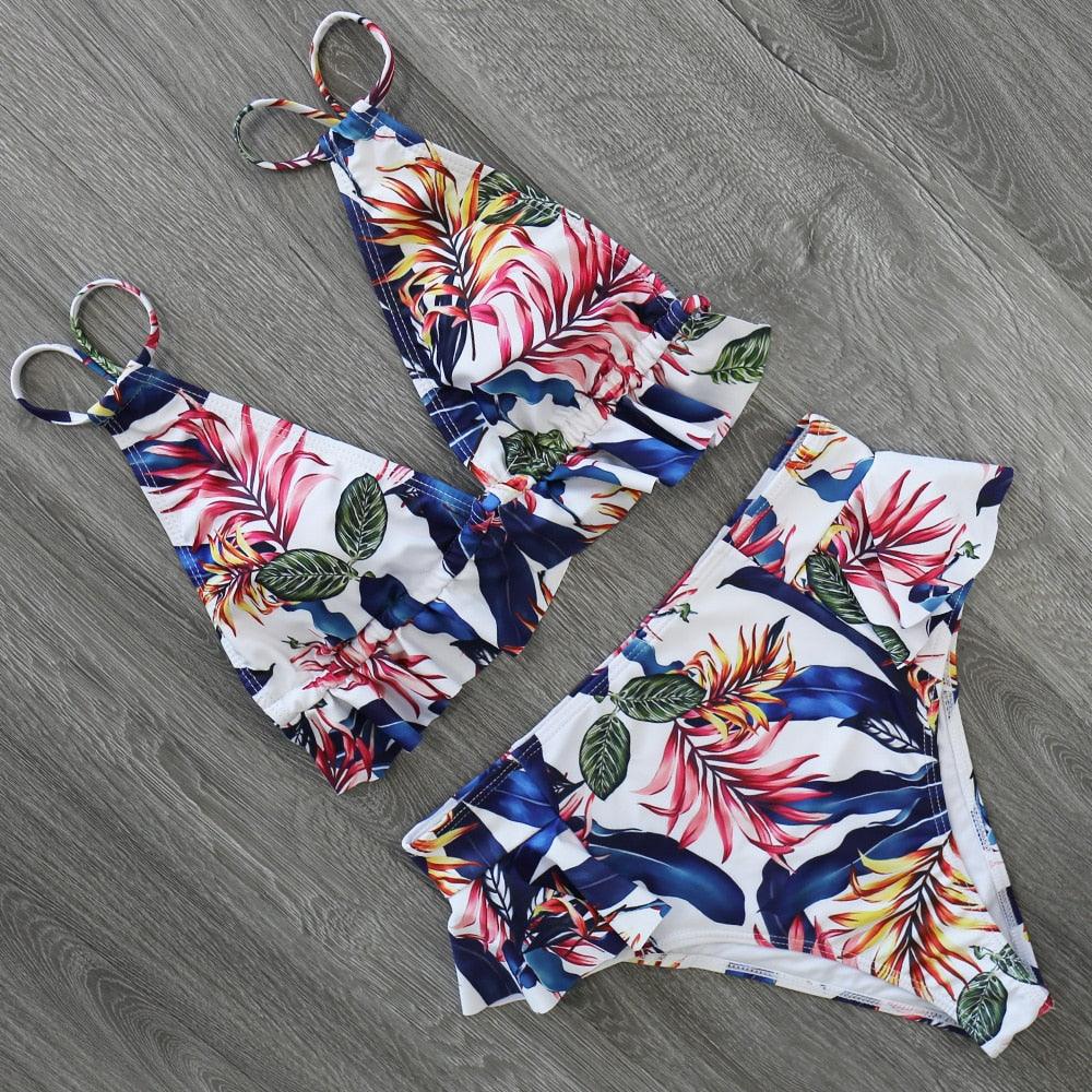 Women Summer High Waist Ruffle Bikini Set Swimwear Women Lady Floral Female Push Up Swimsuit Summer Beach Wear Bikini Pure Color Bikini Charming Ruffled Bra And Bottom Swimsuits