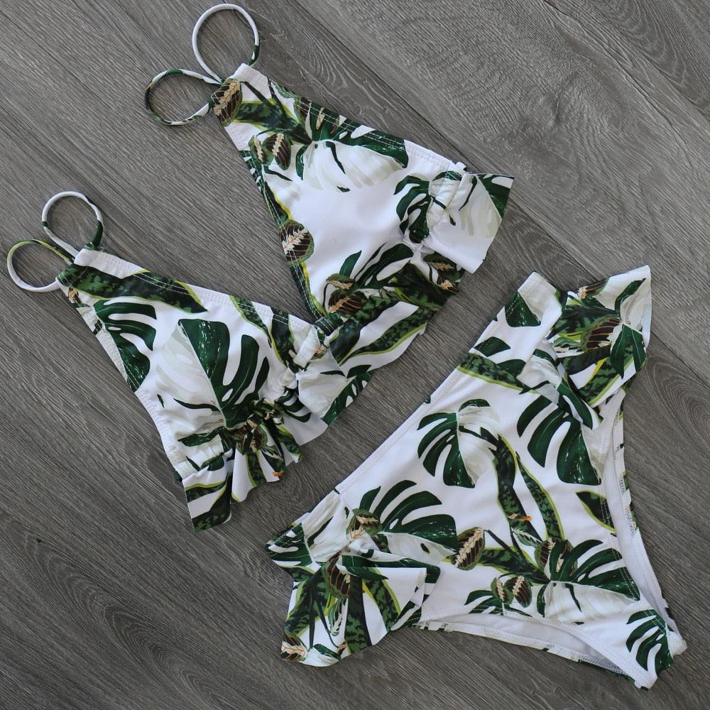 Women Summer High Waist Ruffle Bikini Set Swimwear Women Lady Floral Female Push Up Swimsuit Summer Beach Wear Bikini Pure Color Bikini Charming Ruffled Bra And Bottom Swimsuits