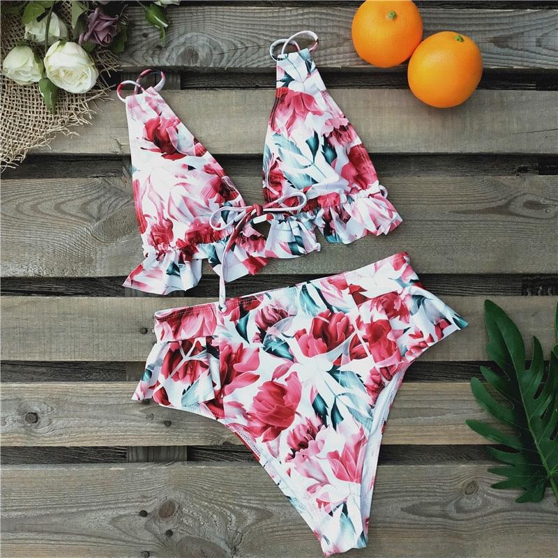 Women Summer High Waist Ruffle Bikini Set Swimwear Women Lady Floral Female Push Up Swimsuit Summer Beach Wear Bikini Pure Color Bikini Charming Ruffled Bra And Bottom Swimsuits