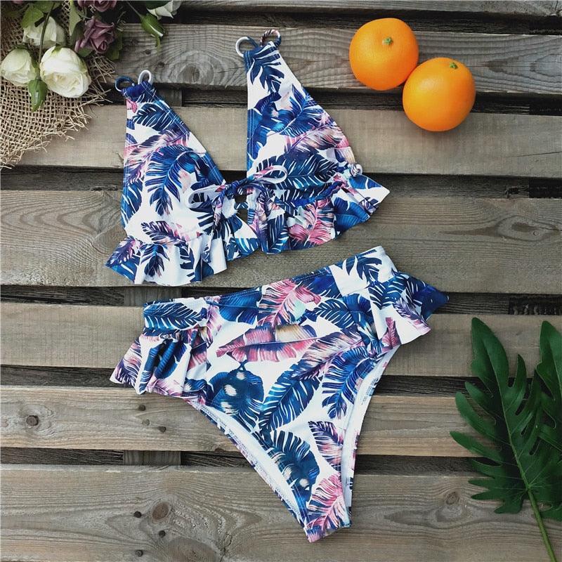 Women Summer High Waist Ruffle Bikini Set Swimwear Women Lady Floral Female Push Up Swimsuit Summer Beach Wear Bikini Pure Color Bikini Charming Ruffled Bra And Bottom Swimsuits