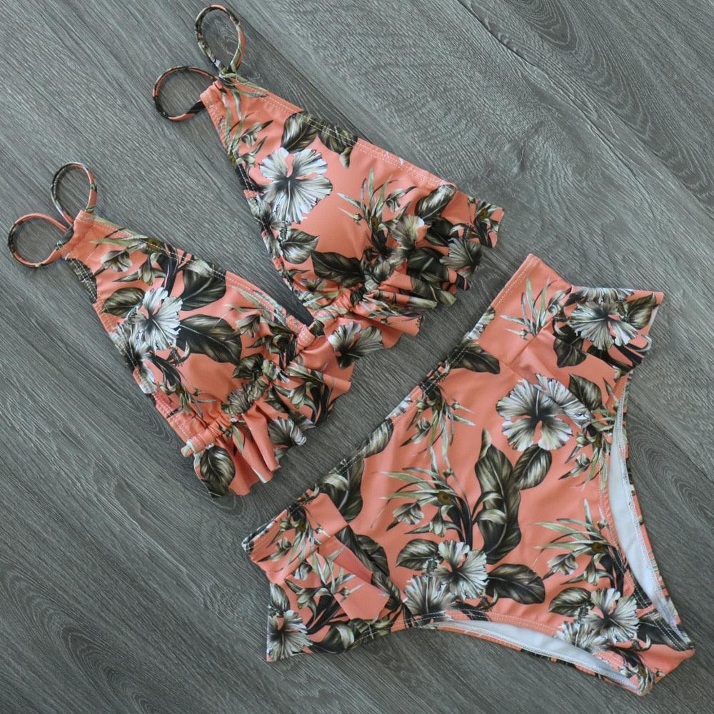 Women Summer High Waist Ruffle Bikini Set Swimwear Women Lady Floral Female Push Up Swimsuit Summer Beach Wear Bikini Pure Color Bikini Charming Ruffled Bra And Bottom Swimsuits