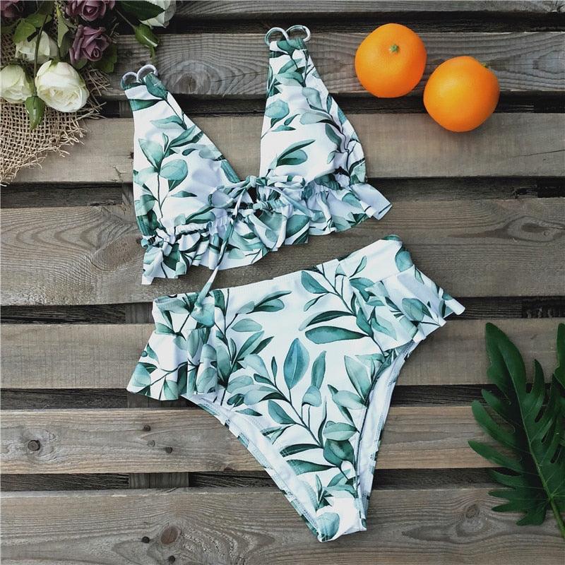 Women Summer High Waist Ruffle Bikini Set Swimwear Women Lady Floral Female Push Up Swimsuit Summer Beach Wear Bikini Pure Color Bikini Charming Ruffled Bra And Bottom Swimsuits