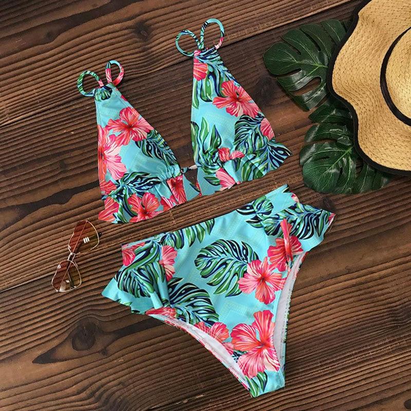 Women Summer High Waist Ruffle Bikini Set Swimwear Women Lady Floral Female Push Up Swimsuit Summer Beach Wear Bikini Pure Color Bikini Charming Ruffled Bra And Bottom Swimsuits