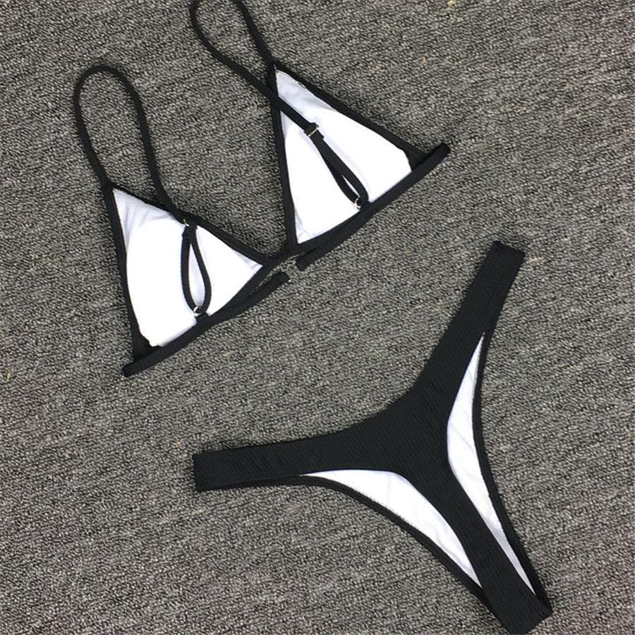 Bikini Set  Swimsuit Small Cup High Cut Style Beach Solid Black White Micro Swimwear Thong Bikinis Women's Micro String Bikini Swimsuits Padded High Cut Bathing Suits