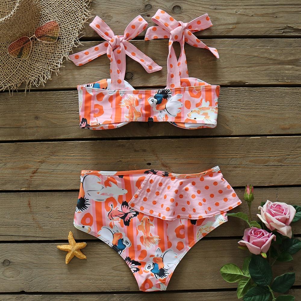 Two-Pieces Women Floral Push-Up Padded Bra Ruffles Bikini Set Swimsuit Swimwear Bathing Suit Beachwear Floral Printed Swimsuit Knotted String Triangle Bikini Tie Side High Cut Cheeky Bikini Set