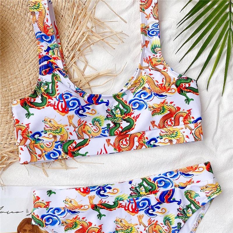 Modern Blue High Waist Bikini Push Up Swimwear Women Dragon Printed Bikini Set Retro Swimsuit Women's High Waist Bikini Swimsuits Twist Push Up Two Piece Bathing Suits Tummy Control Swimwear