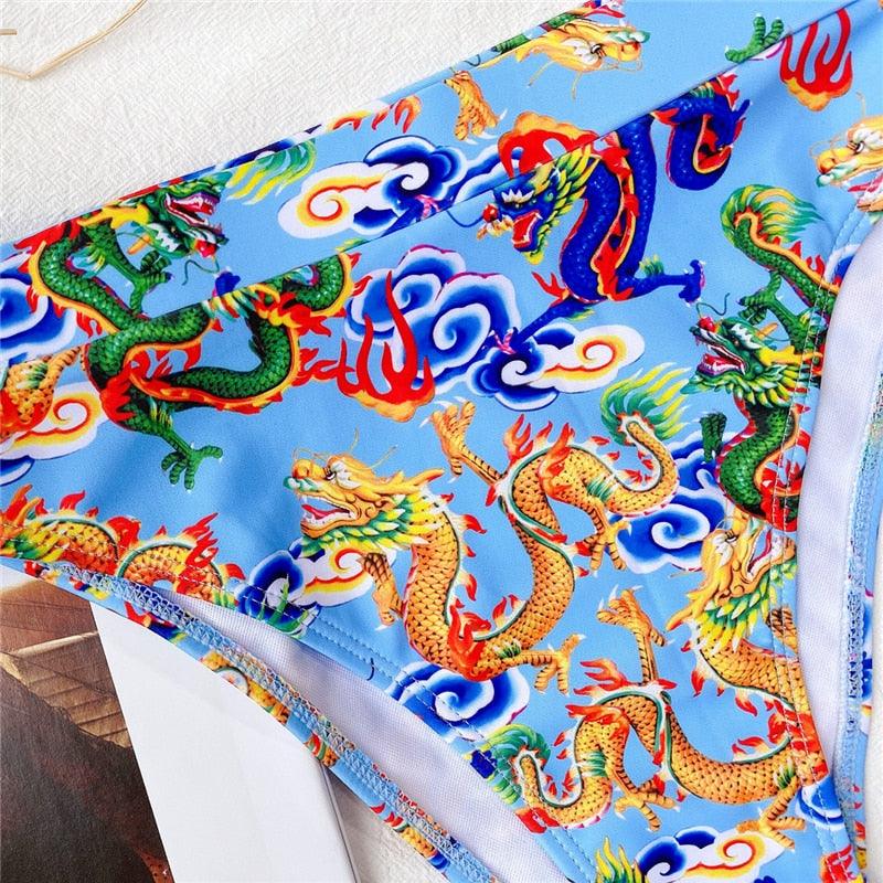 Modern Blue High Waist Bikini Push Up Swimwear Women Dragon Printed Bikini Set Retro Swimsuit Women's High Waist Bikini Swimsuits Twist Push Up Two Piece Bathing Suits Tummy Control Swimwear