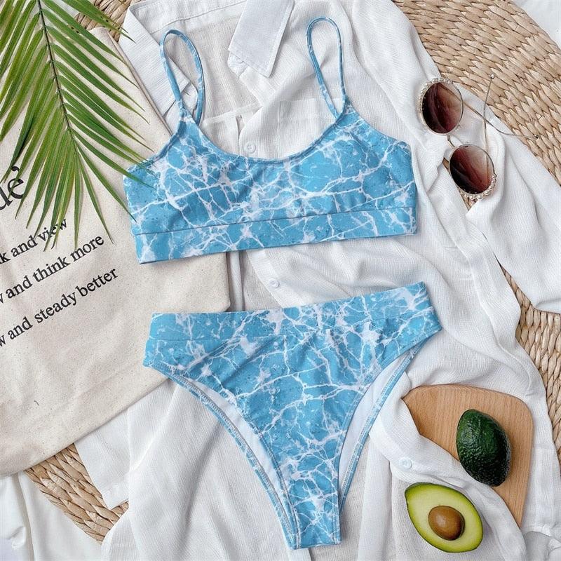 Modern Blue High Waist Bikini Push Up Swimwear Women Dragon Printed Bikini Set Retro Swimsuit Women's High Waist Bikini Swimsuits Twist Push Up Two Piece Bathing Suits Tummy Control Swimwear