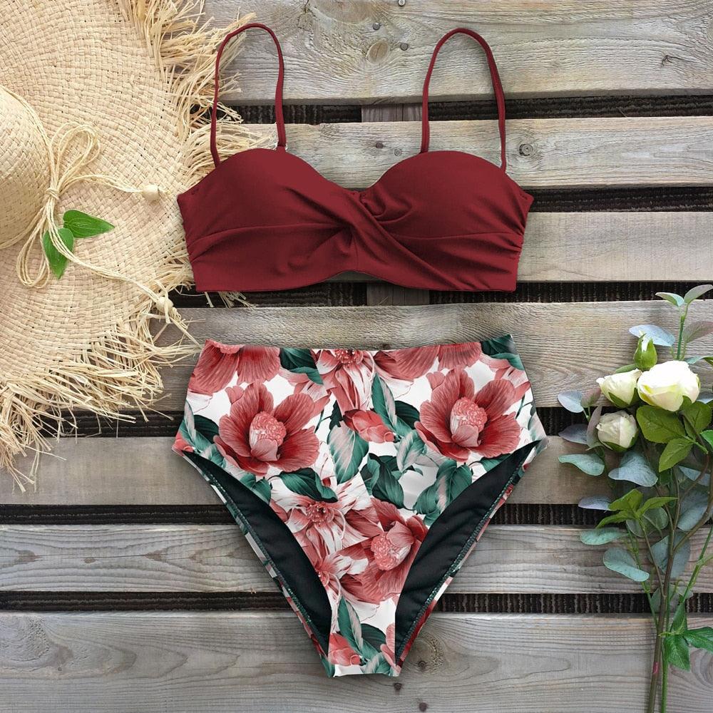 Leaf Print Bikini Female Swimsuit Women's Bathing Suits Triangle Bikini High Waist Bottoms Two Piece Swimsuits Women Swimwear Thong Push Up Bikinis Set High Waist Swimming Suits for Bathing Suit