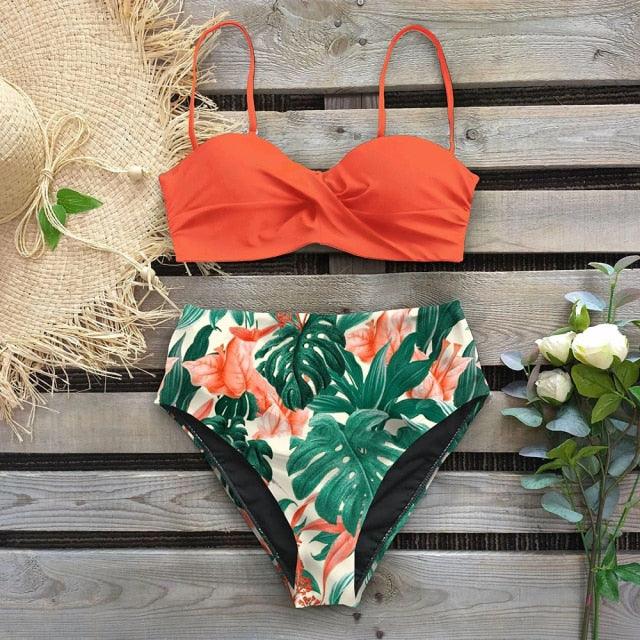 Leaf Print Bikini Female Swimsuit Women's Bathing Suits Triangle Bikini High Waist Bottoms Two Piece Swimsuits Women Swimwear Thong Push Up Bikinis Set High Waist Swimming Suits for Bathing Suit