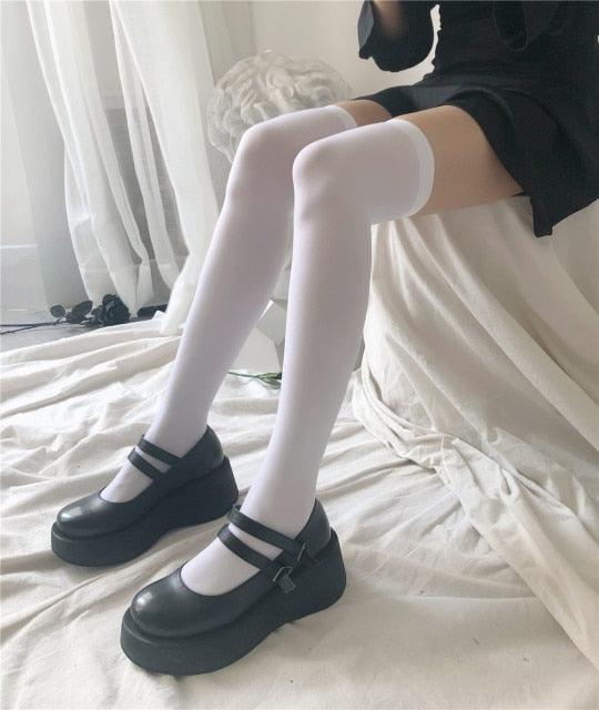 Cute Black White Velvet Warm Long Socks Solid Color Knee High Female Socks Fashion Nylon Stockings For Women