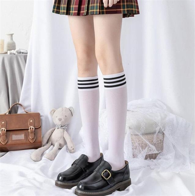 Cute Black White Velvet Warm Long Socks Solid Color Knee High Female Socks Fashion Nylon Stockings For Women