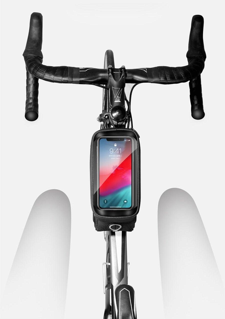 Black Bike Bag Frame Front Top Tube Cycling Bag Waterproof Phone Case Touchscreen Bag  Pack Bicycle Accessories Bike Bicycle Bag Waterproof Bike Phone Mount Bag Front Frame Top Tube Handlebar Bag Touch Screen Holder Case For Cell Phones 6.6in