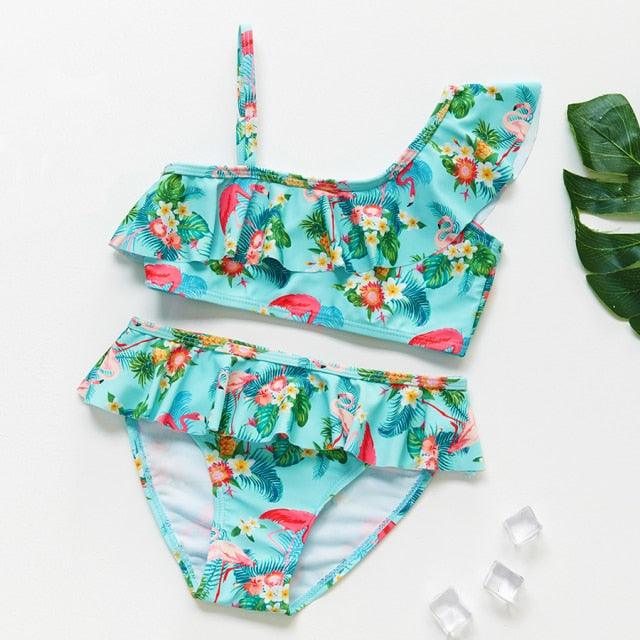 3-16Y Cartoon Two-piece Girls Swimwear Ruffle Swimsuit Bikini Set One Shoulder Beachwear Princess Two Piece Bathing Suit Children Swimwear Girls Swimsuit Bikini Set