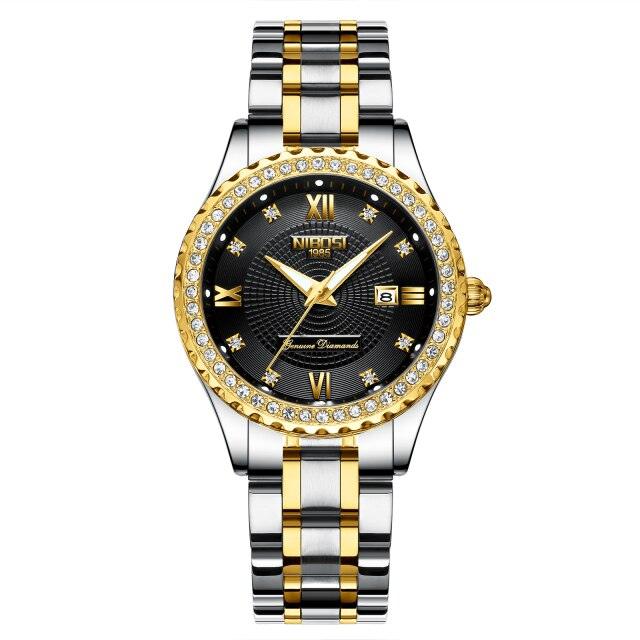 Business Black Couple Watches Top Luxury Mens Watches Auto Date Quartz Wristwatch Gold Watch Men Diamond Stainless Steel Waterproof Luminous Business Casual Luxury Watch For Men