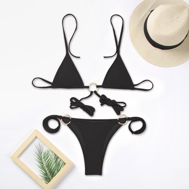 Bikini Triangle Adjust Swimwear Women's Crisscross Halter Bikini Lace Up Back Bandage Two Piece Strappy Bathing Suits G String Thong Swimwear Women Bathing Suit Hollow Out Quality Pleated Swimsuit Female Double-Sided Bikini Set