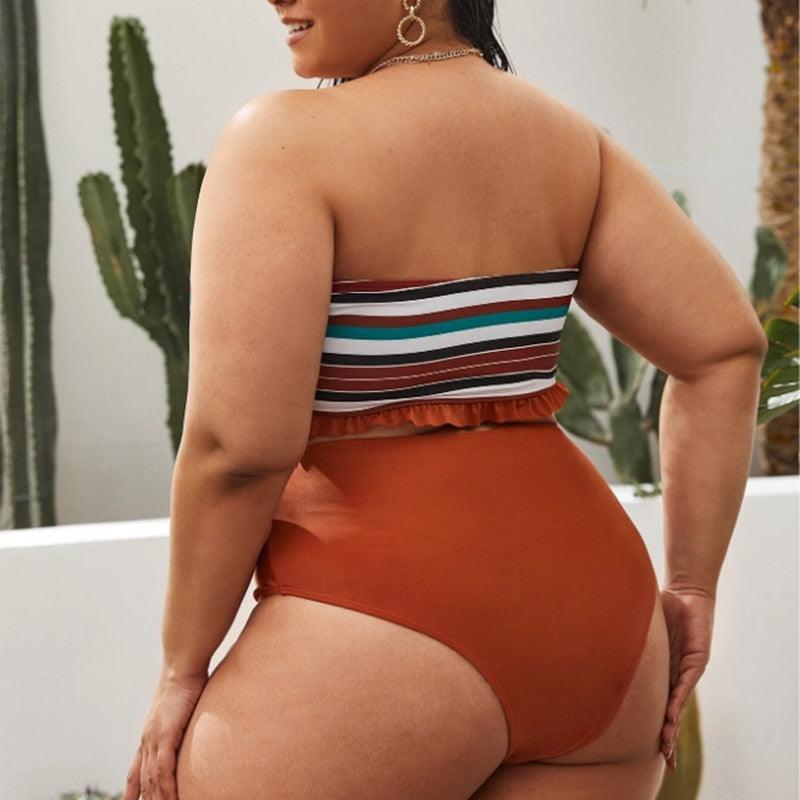 Striped Plus Size Women 2 Pieces Bikini Women's Plus Size Bathing Suits Two Piece High Cut Bikini Sets Waist Swimsuits Swimwear Large Size Swimsuit Off Shoulder High Waist Bathing Suit High Cut Swimwear