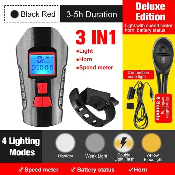 Smart Waterproof Bicycle Light USB Rechargeable Bike Front Light Flashlight With Bike Computer LCD Speedometer Waterproof Bicycles Light And Odometer Horn For Safe Cycling 4 Modes Fits For All Mountain Road Bikes