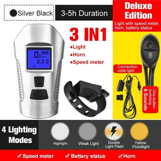 Smart Waterproof Bicycle Light USB Rechargeable Bike Front Light Flashlight With Bike Computer LCD Speedometer Waterproof Bicycles Light And Odometer Horn For Safe Cycling 4 Modes Fits For All Mountain Road Bikes