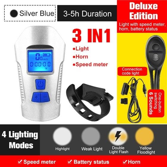 Smart Waterproof Bicycle Light USB Rechargeable Bike Front Light Flashlight With Bike Computer LCD Speedometer Waterproof Bicycles Light And Odometer Horn For Safe Cycling 4 Modes Fits For All Mountain Road Bikes