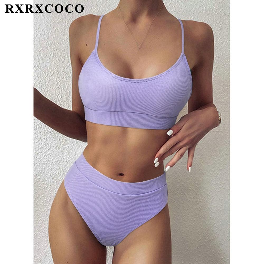 Swimwear Women Ribbed Bathing Suit Female Push Up Bikini Set Women's Bathing Suit Lace up Bikini Ribbed Two Piece Swimsuit Beachwear High Waist Bikini Women's Swimsuit