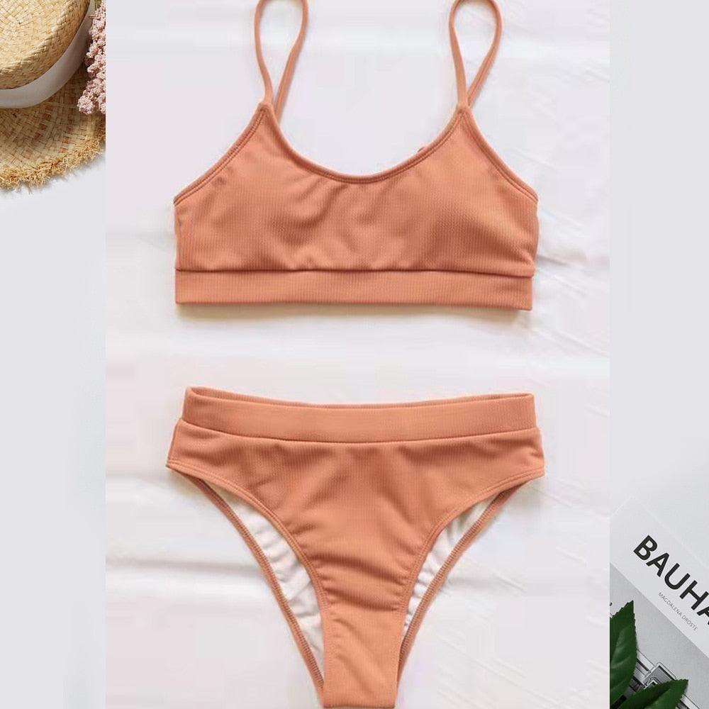 Swimwear Women Ribbed Bathing Suit Female Push Up Bikini Set Women's Bathing Suit Lace up Bikini Ribbed Two Piece Swimsuit Beachwear High Waist Bikini Women's Swimsuit