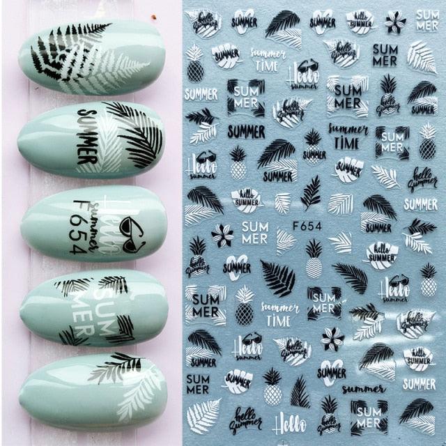 Summer Tropical Beach Coconut Tree Slippers 3D Nail Sticker Leaves Shell Transfer Decals Slider Decoration Manicures  Tip Water Transfer Nail Decals Sticker For Pretty Girl Self-Adhesive Nail Decals Designer Nail Stickers for Acrylic