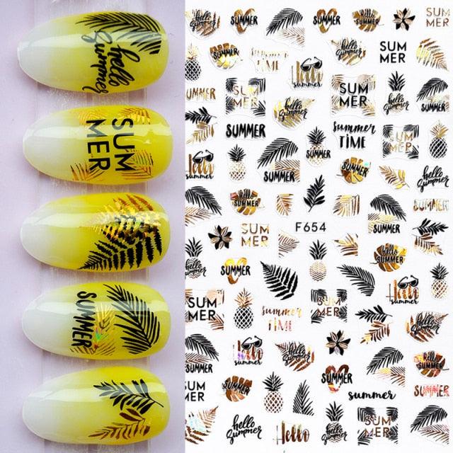 Summer Tropical Beach Coconut Tree Slippers 3D Nail Sticker Leaves Shell Transfer Decals Slider Decoration Manicures  Tip Water Transfer Nail Decals Sticker For Pretty Girl Self-Adhesive Nail Decals Designer Nail Stickers for Acrylic