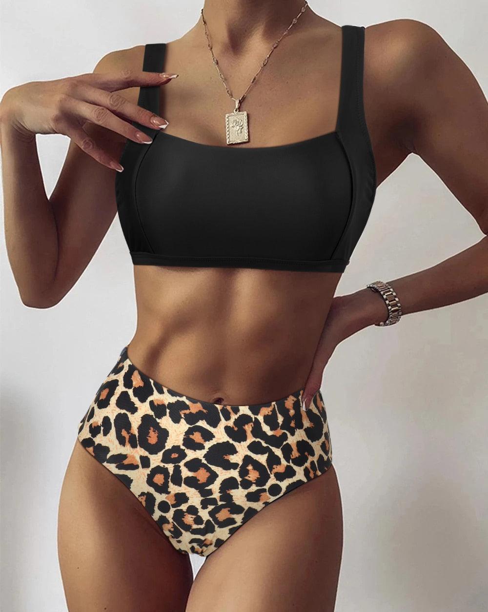 Women Leopard Print Swimsuit Women's Bikini One Shoulder Top High Waist Bottom Two Piece Swimsuits Women Push Up Bikini Set One Shoulder Beachwear Summer Leopard Bathing Suit High Waist Swimwear For Women