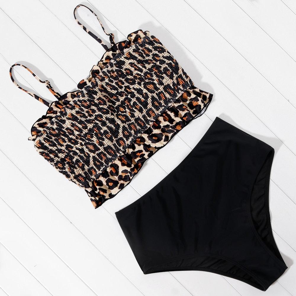 Women Leopard Print Swimsuit Women's Bikini One Shoulder Top High Waist Bottom Two Piece Swimsuits Women Push Up Bikini Set One Shoulder Beachwear Summer Leopard Bathing Suit High Waist Swimwear For Women