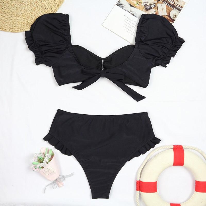 Bikini New 2 Piece Women Swimsuit Women's High Waist Bikini Set Fashion Puff Sleeve Swimwear Set Bathing Suits Solid Color Short Puff Sleeve Summer High Waist Cut Backless Bathing Suit Beachwear