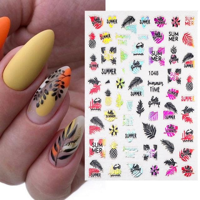 Summer Tropical Beach Coconut Tree Slippers 3D Nail Sticker Leaves Shell Transfer Decals Slider Decoration Manicures  Tip Water Transfer Nail Decals Sticker For Pretty Girl Self-Adhesive Nail Decals Designer Nail Stickers for Acrylic