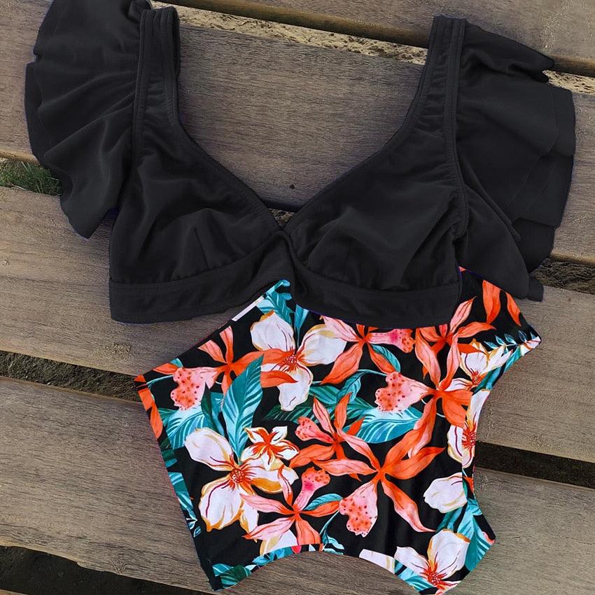 High Waist Ruffled Bikini Set Flounce Swimwear Women Two Pieces Swimsuit Swimsuit for Women Two Pieces Bathing Suits Tummy Control Flounce Top with High Waist Bottom Floral Beachwear V-neck Bathing Suit