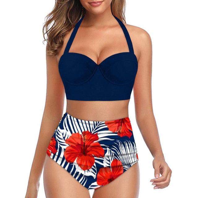 High Waist Bikini Leaf Print Swimsuit Women Push Up Swimwear Female Halter Bathing Suit Vintage Swimming Suit Women Vintage Underwire High Waist Swimsuit Two Pieces Halter Lace Up Adjustable Bikini Top