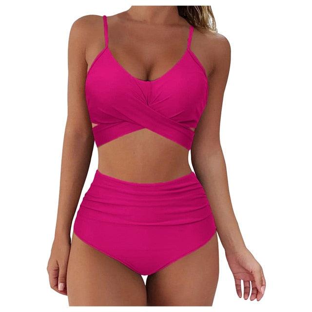 Solid Swimwear Women Top Swimsuit Bikini Solid Push Up High Cut Lace Up Halter Bikini Set Women High Waist Bikini Twist Front Swimsuits Lace Up Bikini Tops 2 Piece Bathing Suits Summer Swimsuit