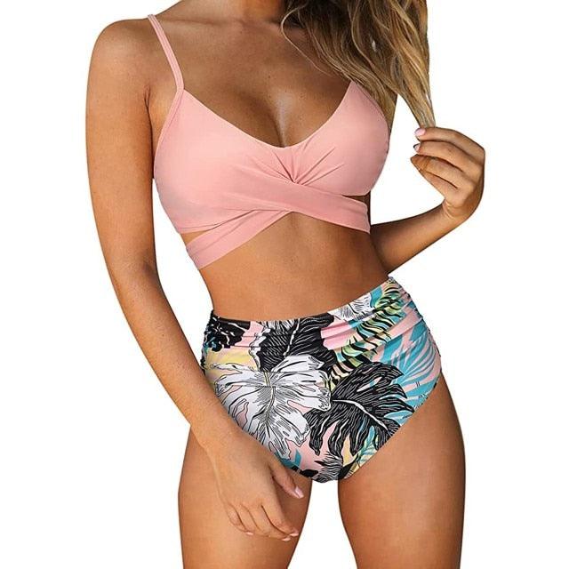 Modern Floral Bikini 2 Pieces Flower Print Bikini Set Women Crisscross High Waist String 2 Piece Bathing Suits High Waist Women's Swimsuit Shorts Solid Bikini Floral Summer Bikini Set