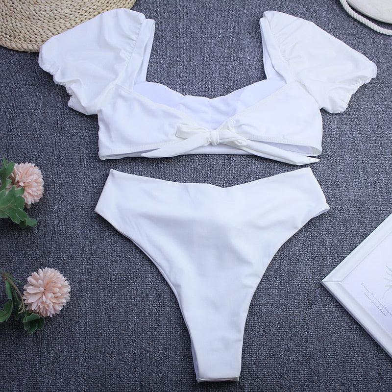 Bikini New 2 Piece Women Swimsuit Women's High Waist Bikini Set Fashion Puff Sleeve Swimwear Set Bathing Suits Solid Color Short Puff Sleeve Summer High Waist Cut Backless Bathing Suit Beachwear