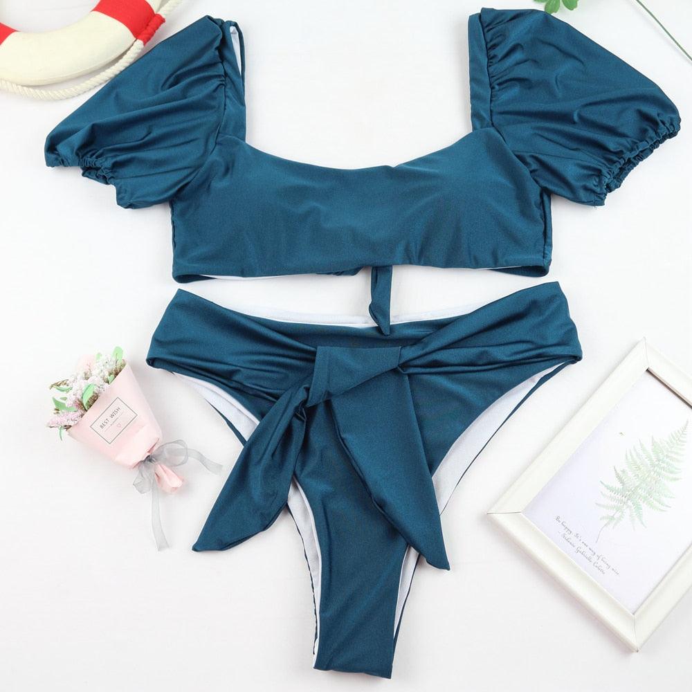 Bikini New 2 Piece Women Swimsuit Women's High Waist Bikini Set Fashion Puff Sleeve Swimwear Set Bathing Suits Solid Color Short Puff Sleeve Summer High Waist Cut Backless Bathing Suit Beachwear