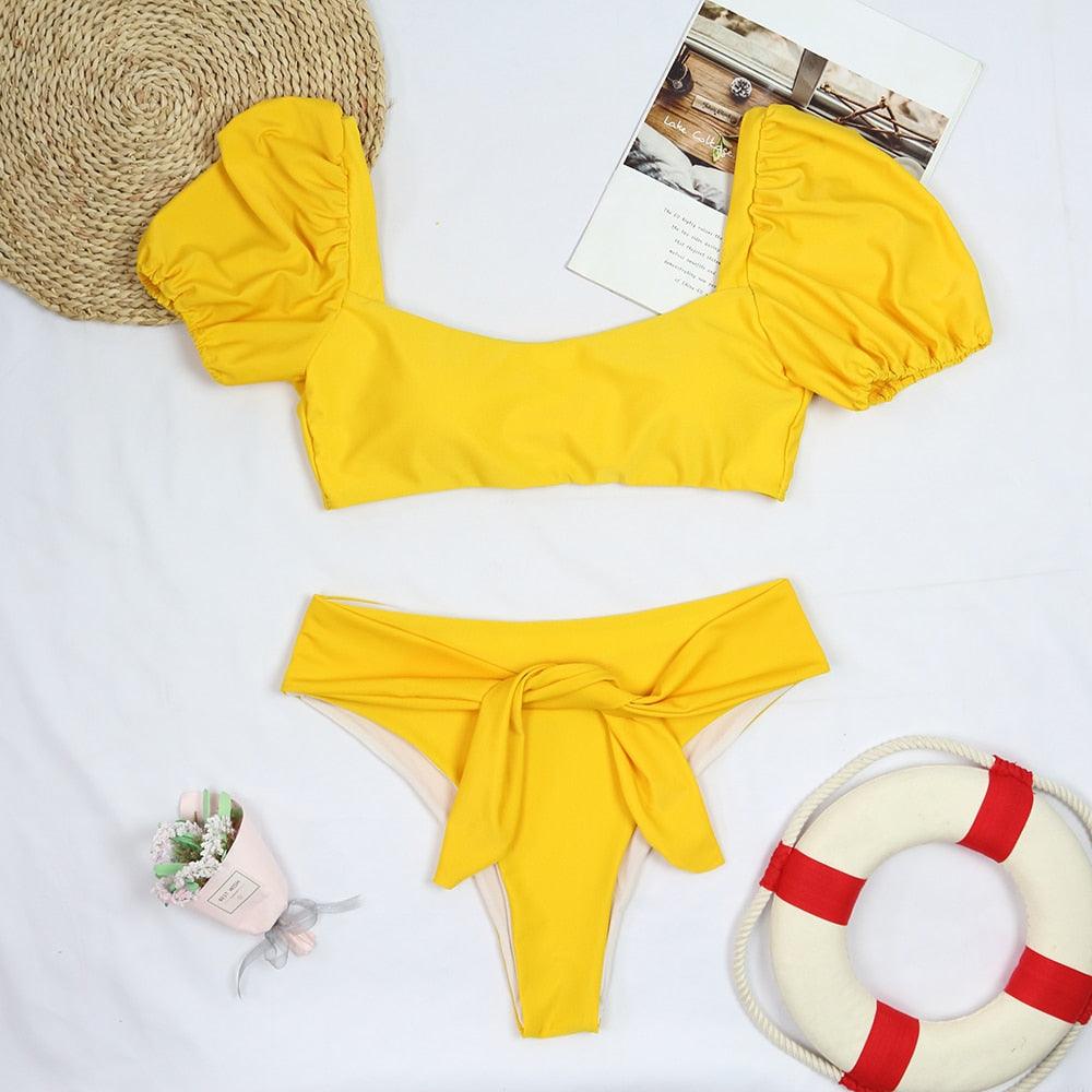 Bikini New 2 Piece Women Swimsuit Women's High Waist Bikini Set Fashion Puff Sleeve Swimwear Set Bathing Suits Solid Color Short Puff Sleeve Summer High Waist Cut Backless Bathing Suit Beachwear