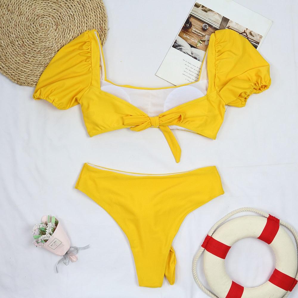 Bikini New 2 Piece Women Swimsuit Women's High Waist Bikini Set Fashion Puff Sleeve Swimwear Set Bathing Suits Solid Color Short Puff Sleeve Summer High Waist Cut Backless Bathing Suit Beachwear