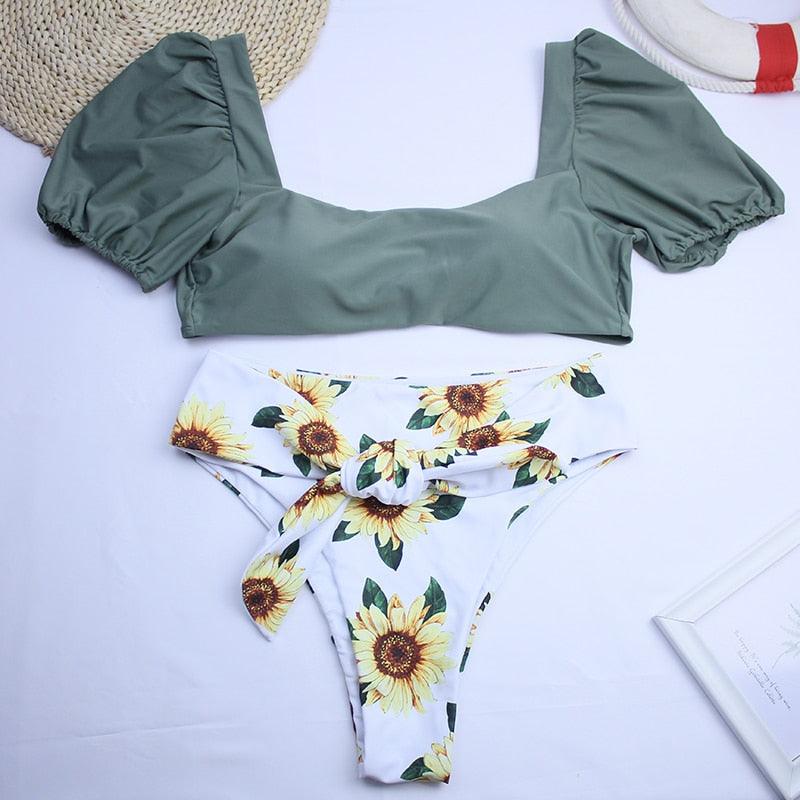 Bikini New 2 Piece Women Swimsuit Women's High Waist Bikini Set Fashion Puff Sleeve Swimwear Set Bathing Suits Solid Color Short Puff Sleeve Summer High Waist Cut Backless Bathing Suit Beachwear