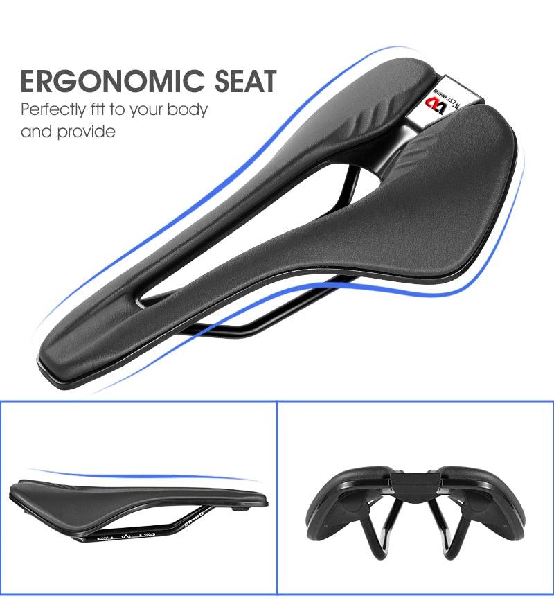 Ultra Light Comfortable Bicycle Saddle Mountain Road Bike Seat Soft Leather Hollow Breathable Cushion Seat Ergonomics Design Breathable Suspension Gel Bike Saddle Cushion For Mountain Bike Road Bike