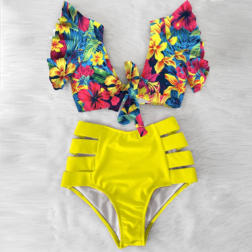 High Waist Ruffled Bikini Set Flounce Bikini Swimwear  Women's Cute Ruffle 2 Piece Bathing Suits Elegant Bikini Swimsuits With Cheeky Floral Women Two Pieces Swimsuit Floral Beachwear V-Neck Bathing Suit