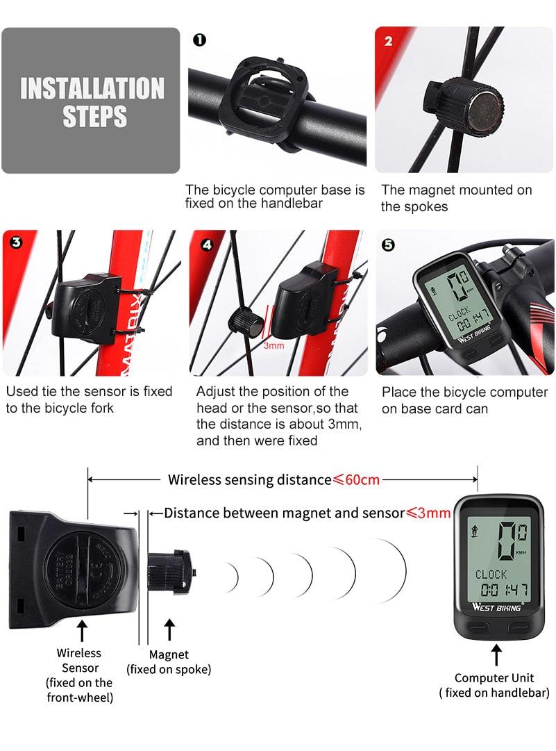 LED Waterproof Bicycle Computer Wireless 5 Language Cycling Bike Odometer Stopwatch Speedometer With Solar Energy Bicycle Odometer Wireless Waterproof Cycling Computer LCD Backlight Display